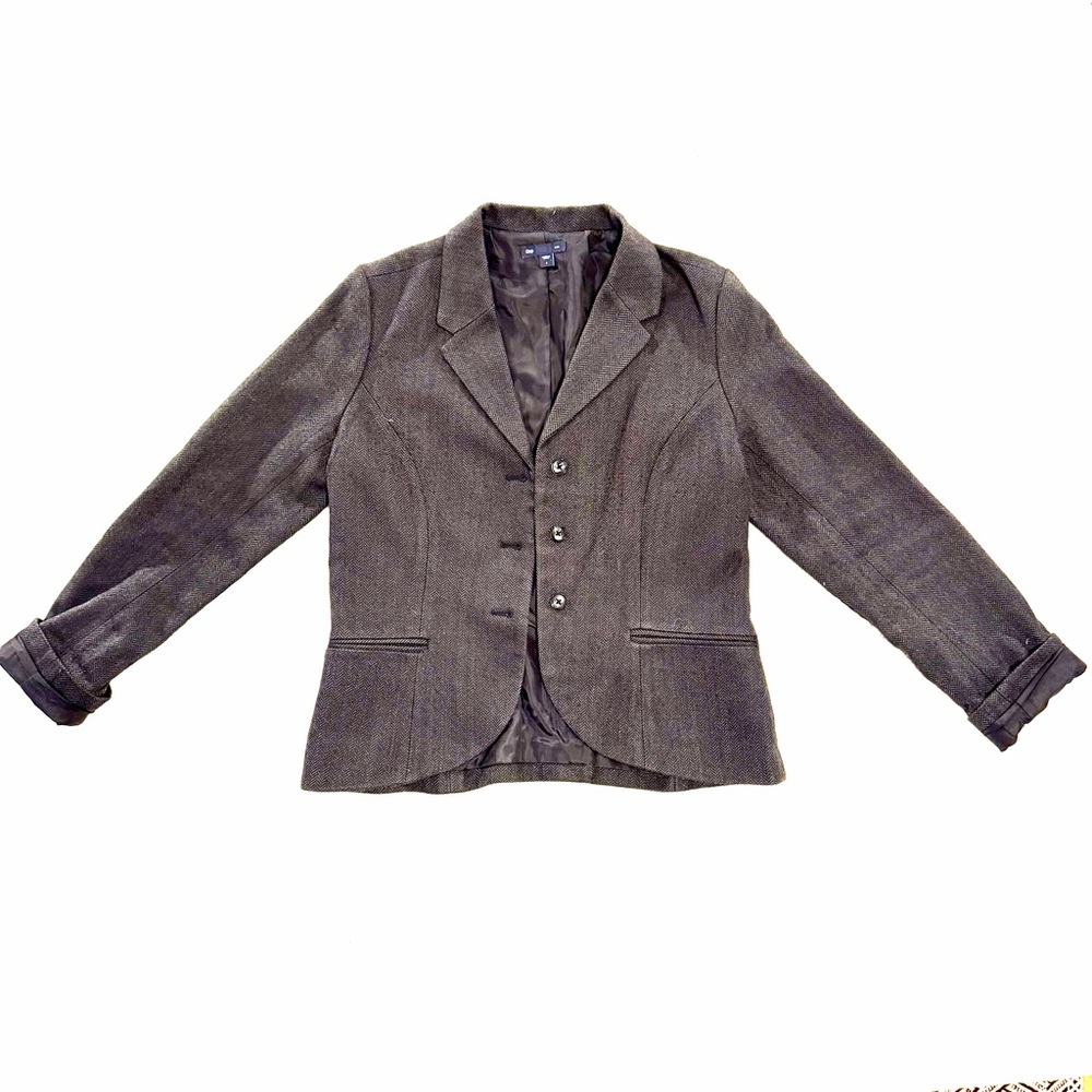 Gray herringbone Size 8 Blazer Jacket with suede elbow patches